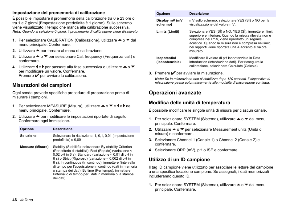Impostazione del promemoria di calibrazione, Misurazioni dei campioni, Operazioni avanzate | Modifica delle unità di temperatura, Utilizzo di un id campione, Informazioni, fare riferimento a, Impostazione del, Promemoria di calibrazione | Hach-Lange SENSION+ MM340 User Manual | Page 46 / 418