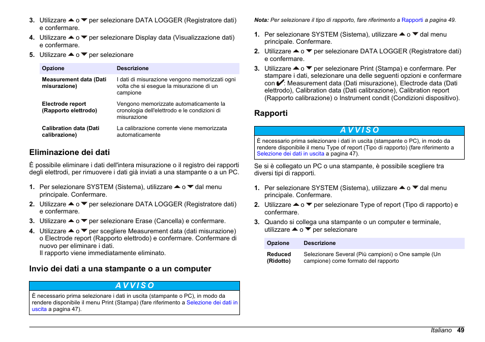 Eliminazione dei dati, Invio dei dati a una stampante o a un computer, Rapporti | Hach-Lange SENSION+ MM340 User Manual | Page 49 / 418