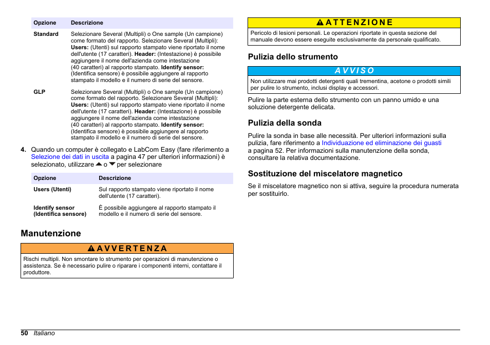 Manutenzione, Pulizia dello strumento, Pulizia della sonda | Sostituzione del miscelatore magnetico | Hach-Lange SENSION+ MM340 User Manual | Page 50 / 418