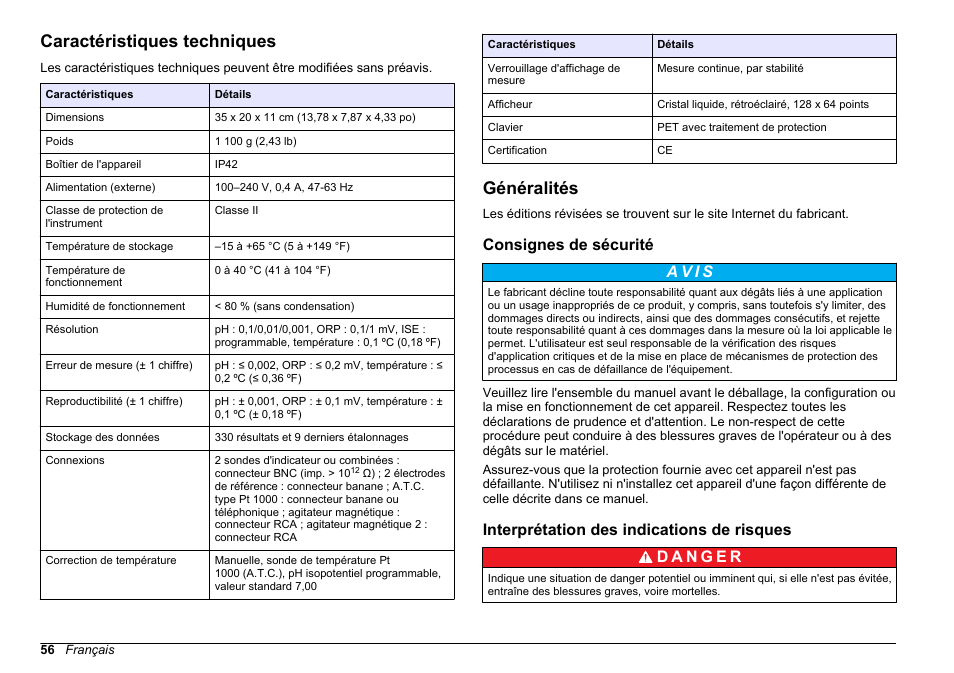 Manuel d'utilisation, Caractéristiques techniques, Généralités | Consignes de sécurité, Interprétation des indications de risques, Français | Hach-Lange SENSION+ MM340 User Manual | Page 56 / 418