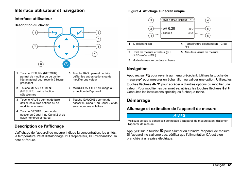 Interface utilisateur et navigation, Interface utilisateur, Description de l'affichage | Navigation, Démarrage, Allumage et extinction de l'appareil de mesure | Hach-Lange SENSION+ MM340 User Manual | Page 61 / 418