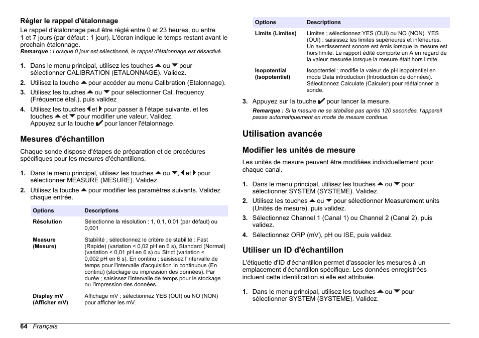 Régler le rappel d'étalonnage, Mesures d'échantillon, Utilisation avancée | Modifier les unités de mesure, Utiliser un id d'échantillon, En savoir plus, reportez-vous à la section, Régler le, Rappel d'étalonnage | Hach-Lange SENSION+ MM340 User Manual | Page 64 / 418