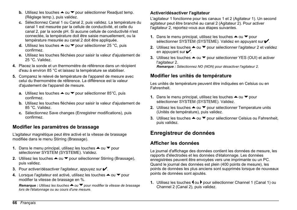 Modifier les paramètres de brassage, Activer/‍désactiver l'agitateur, Modifier les unités de température | Enregistreur de données, Afficher les données, Modifier les, Paramètres de brassage | Hach-Lange SENSION+ MM340 User Manual | Page 66 / 418