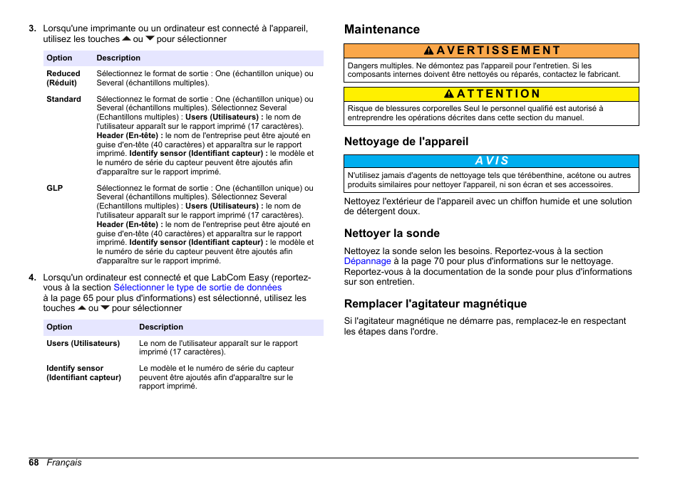 Maintenance, Nettoyage de l'appareil, Nettoyer la sonde | Remplacer l'agitateur magnétique | Hach-Lange SENSION+ MM340 User Manual | Page 68 / 418