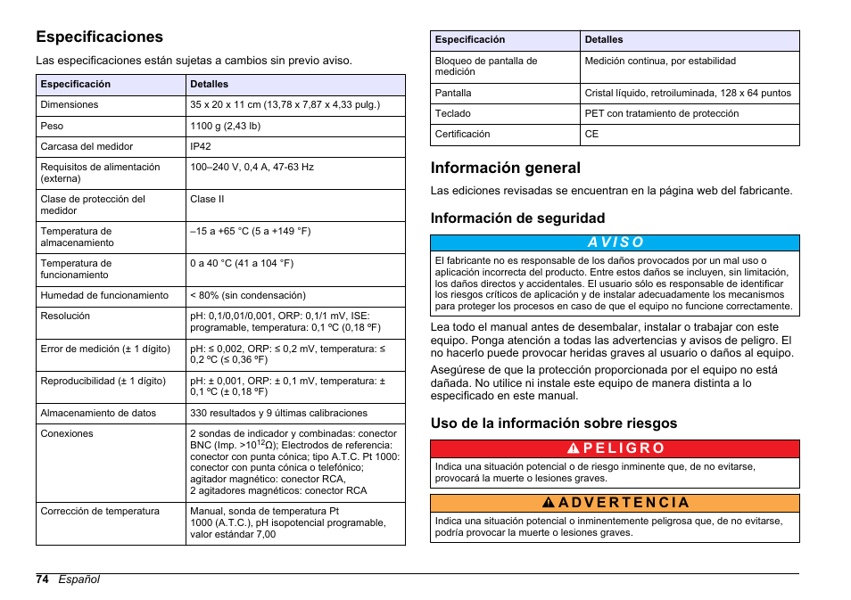 Manual del usuario, Especificaciones, Información general | Información de seguridad, Uso de la información sobre riesgos, Español | Hach-Lange SENSION+ MM340 User Manual | Page 74 / 418