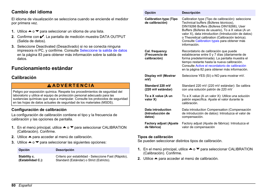 Cambio del idioma, Funcionamiento estándar, Calibración | Configuración de calibración, Tipos de calibración | Hach-Lange SENSION+ MM340 User Manual | Page 80 / 418