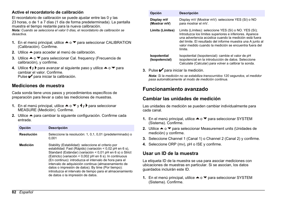 Active el recordatorio de calibración, Mediciones de muestra, Funcionamiento avanzado | Cambiar las unidades de medición, Usar un id de la muestra, Consulte | Hach-Lange SENSION+ MM340 User Manual | Page 82 / 418