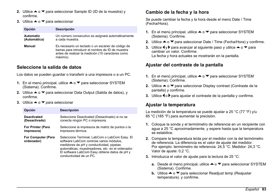 Seleccione la salida de datos, Cambio de la fecha y la hora, Ajustar del contraste de la pantalla | Ajustar la temperatura, Impresora ni pc, y confirme. consulte | Hach-Lange SENSION+ MM340 User Manual | Page 83 / 418