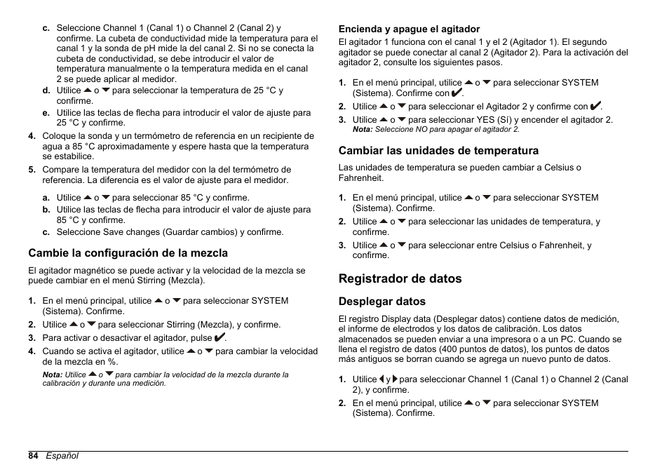 Cambie la configuración de la mezcla, Encienda y apague el agitador, Cambiar las unidades de temperatura | Registrador de datos, Desplegar datos, Cambie la configuración de la, Mezcla | Hach-Lange SENSION+ MM340 User Manual | Page 84 / 418