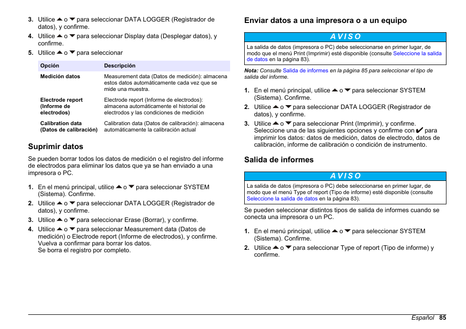Suprimir datos, Enviar datos a una impresora o a un equipo, Salida de informes | Hach-Lange SENSION+ MM340 User Manual | Page 85 / 418