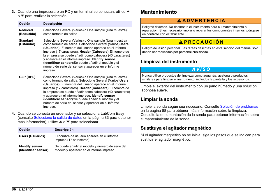 Mantenimiento, Limpieza del instrumento, Limpiar la sonda | Sustituya el agitador magnético | Hach-Lange SENSION+ MM340 User Manual | Page 86 / 418