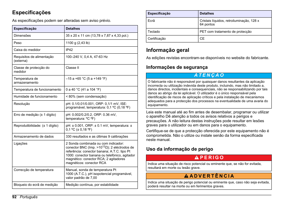 Manual do utilizador, Especificações, Informação geral | Informações de segurança, Uso da informação de perigo, Português | Hach-Lange SENSION+ MM340 User Manual | Page 92 / 418