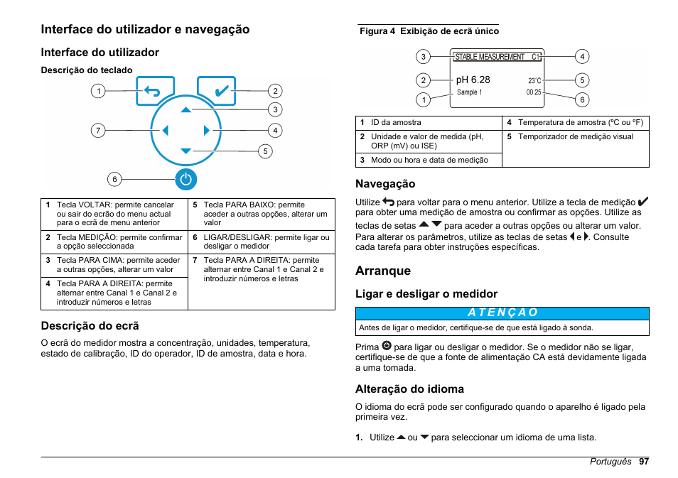 Interface do utilizador e navegação, Interface do utilizador, Descrição do ecrã | Navegação, Arranque, Ligar e desligar o medidor, Alteração do idioma | Hach-Lange SENSION+ MM340 User Manual | Page 97 / 418