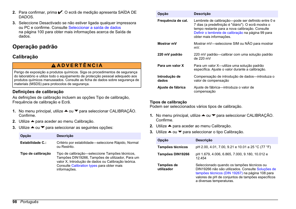Operação padrão, Calibração, Definições de calibração | Tipos de calibração | Hach-Lange SENSION+ MM340 User Manual | Page 98 / 418