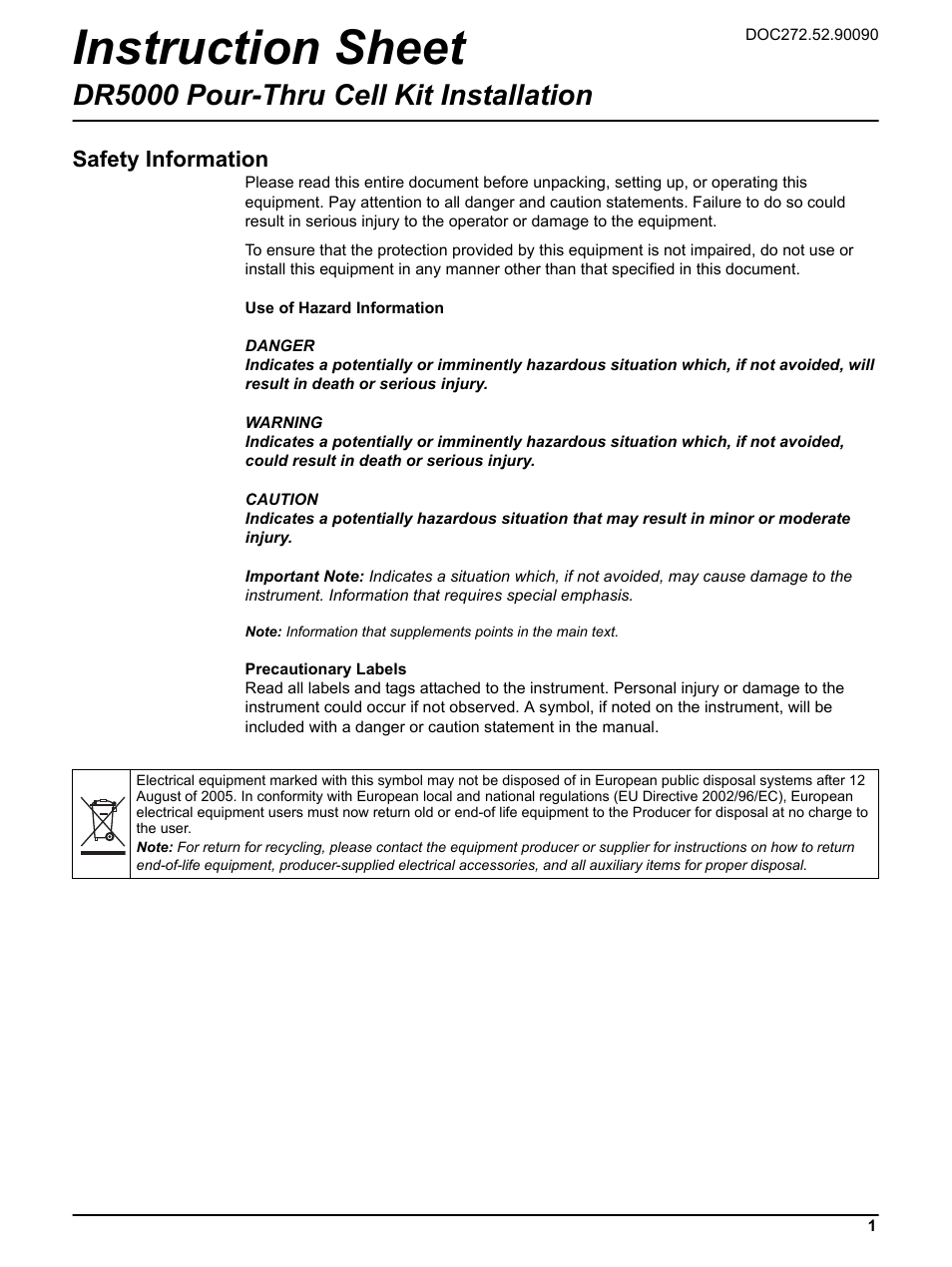 Hach-Lange DR 5000 Pour-Thru Cell Kit Installation User Manual | 9 pages