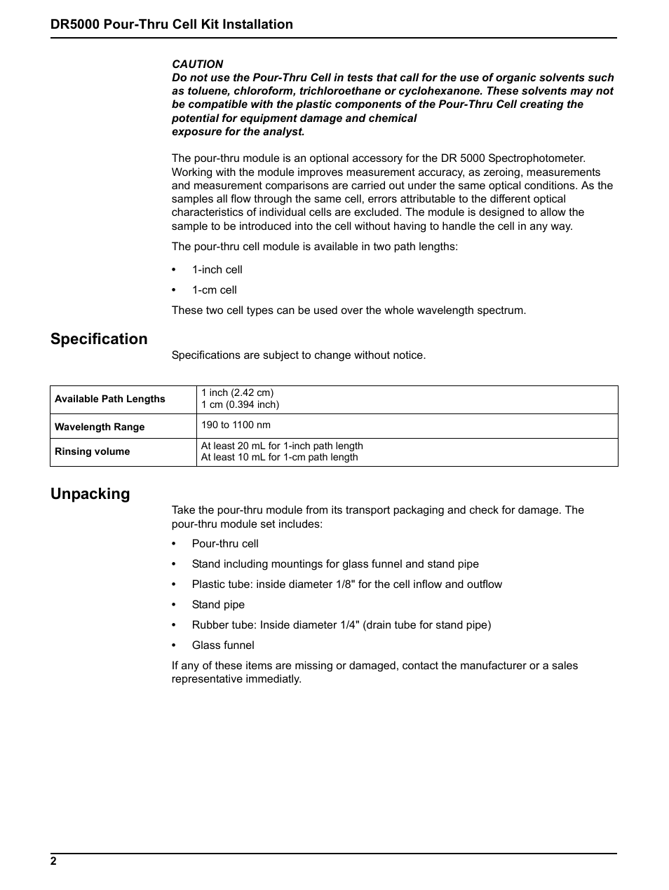 Specification, Unpacking, Dr5000 pour-thru cell kit installation | Hach-Lange DR 5000 Pour-Thru Cell Kit Installation User Manual | Page 2 / 9