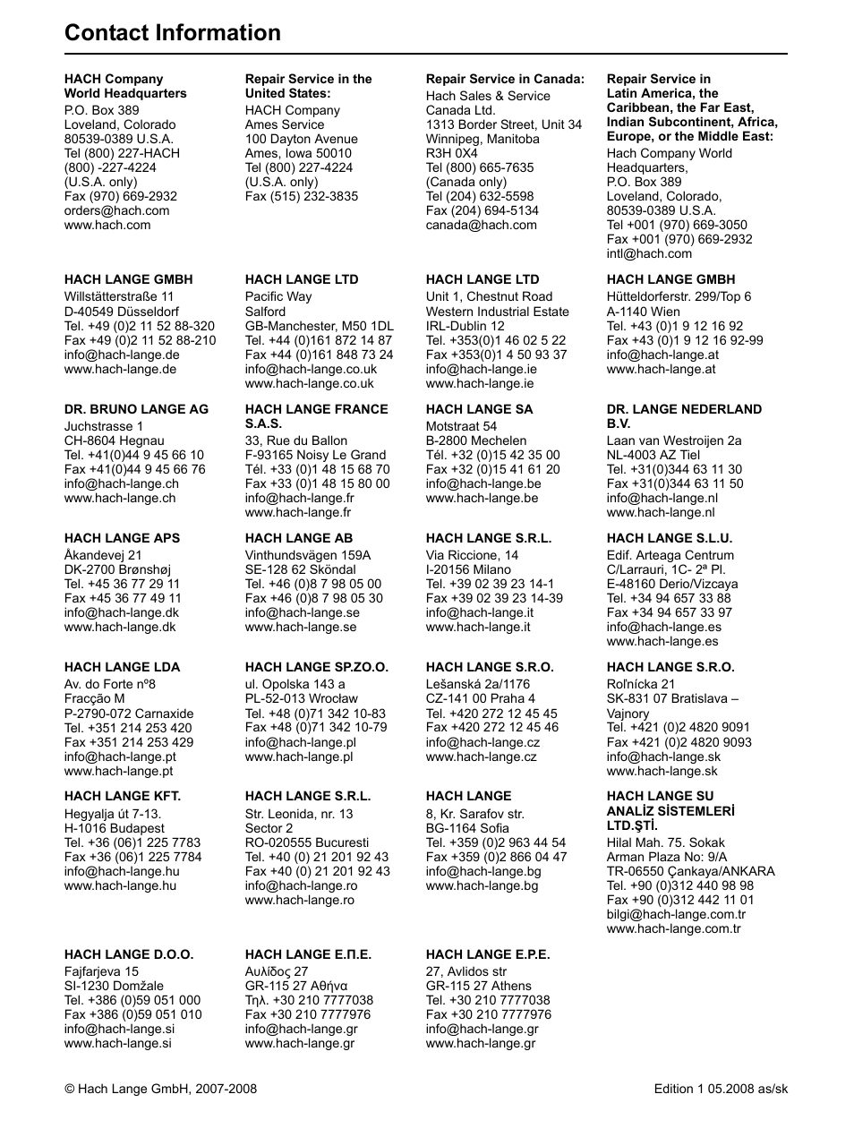 Contact information | Hach-Lange DR 5000 Pour-Thru Cell Kit Installation User Manual | Page 9 / 9