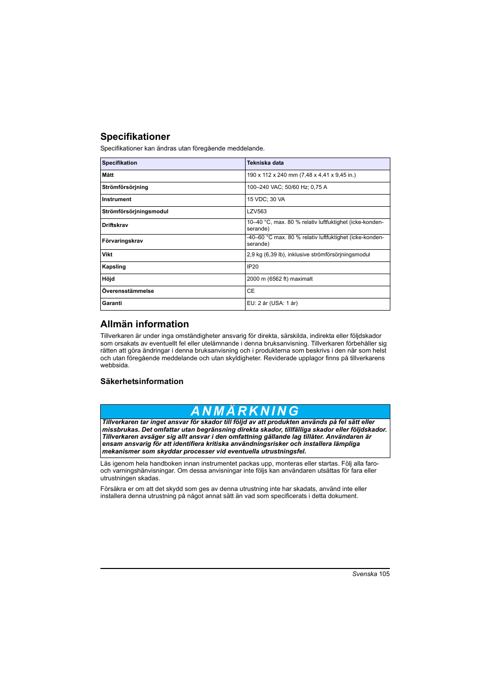 Svenska, Specifikationer, Allmän information | Hach-Lange TOC-X5 shaker User Manual | Page 105 / 117