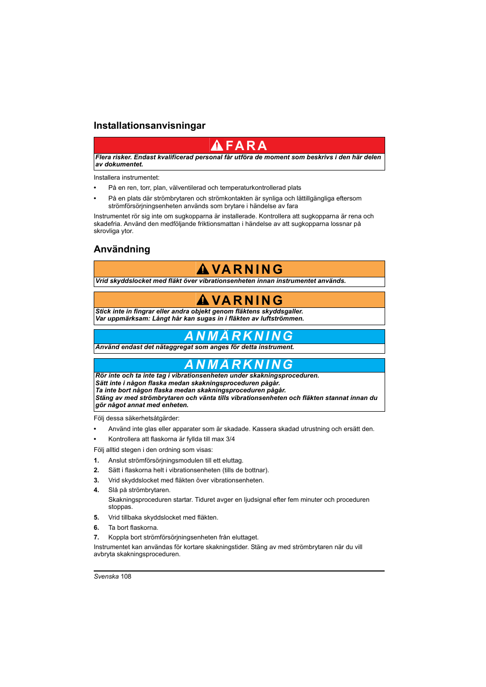 Installationsanvisningar, Användning, Fa r a | Hach-Lange TOC-X5 shaker User Manual | Page 108 / 117