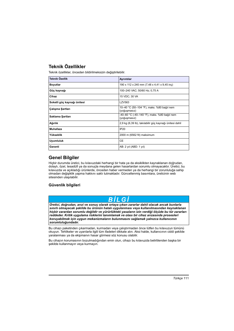 Türkçe, Teknik özellikler, Genel bilgiler | Hach-Lange TOC-X5 shaker User Manual | Page 111 / 117