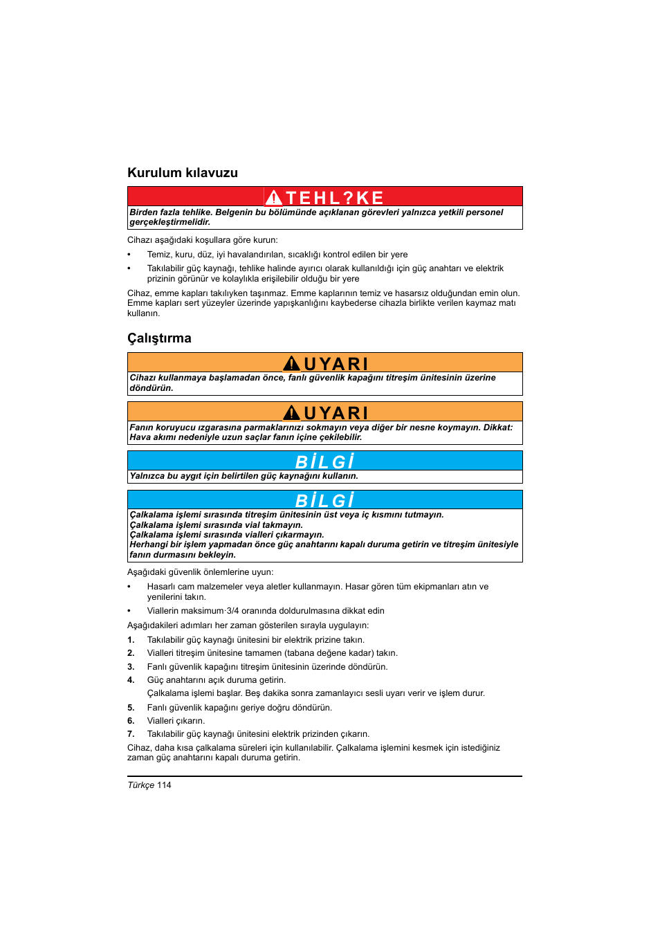 Kurulum kılavuzu, Çalıştırma, U ya r i | Hach-Lange TOC-X5 shaker User Manual | Page 114 / 117