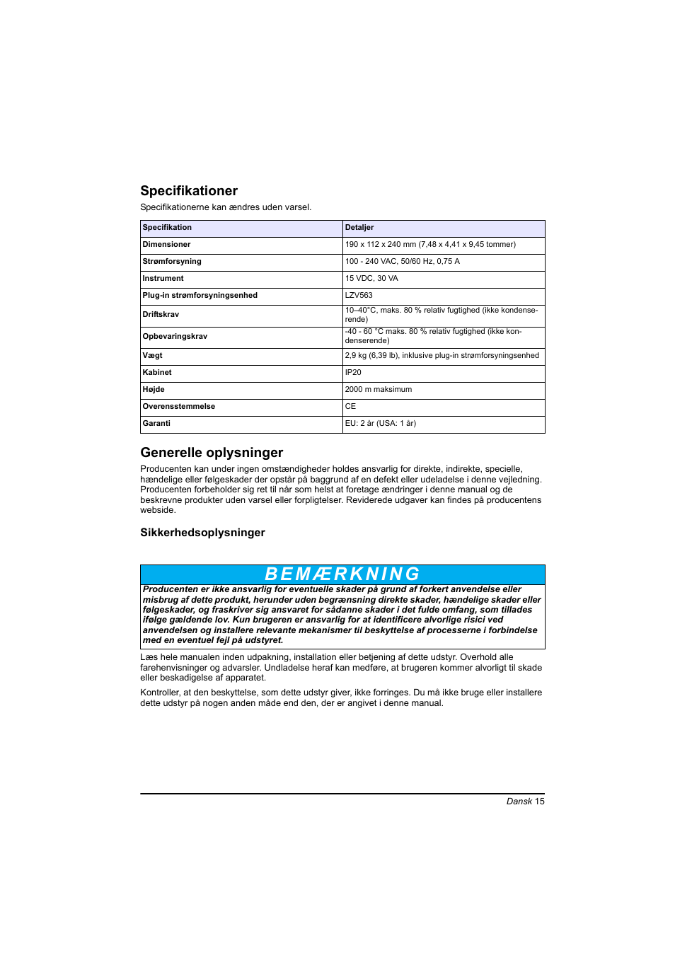 Dansk, Specifikationer, Generelle oplysninger | Hach-Lange TOC-X5 shaker User Manual | Page 15 / 117