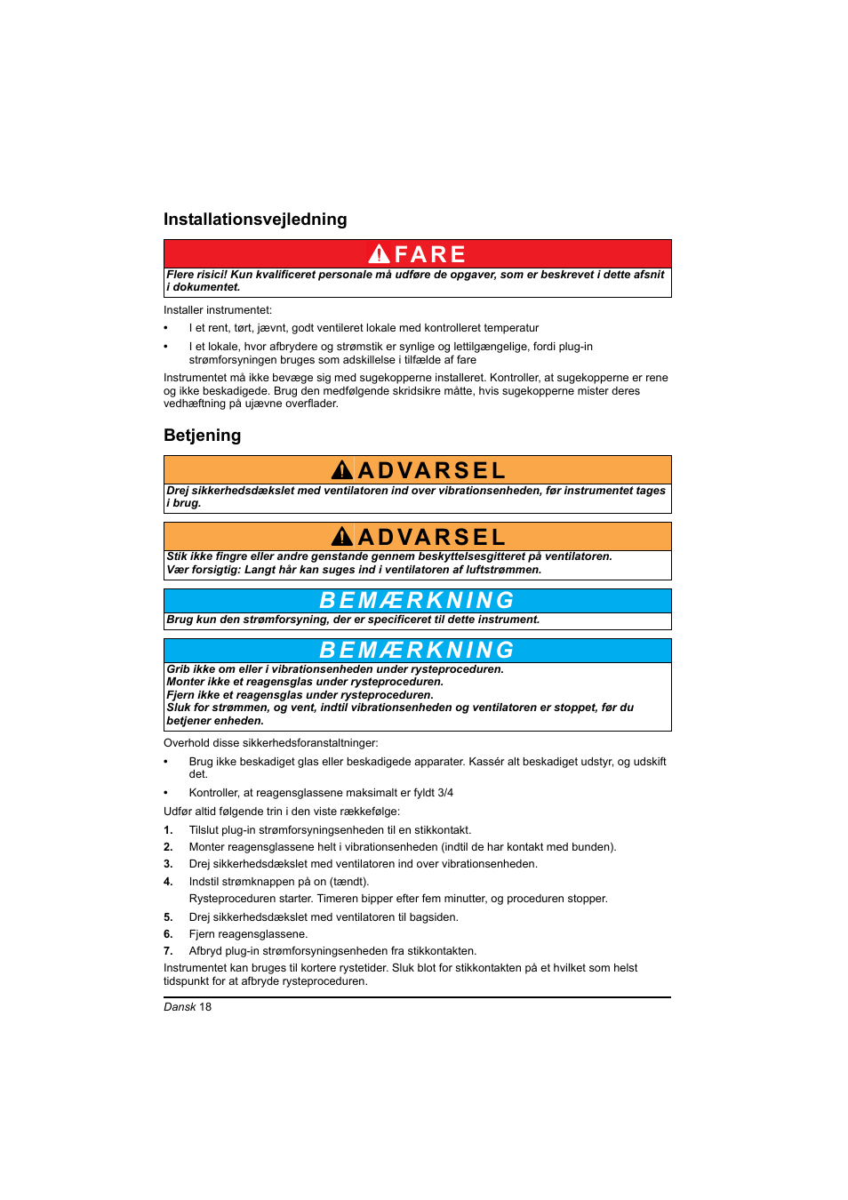 Installationsvejledning, Betjening, Fa r e | Hach-Lange TOC-X5 shaker User Manual | Page 18 / 117