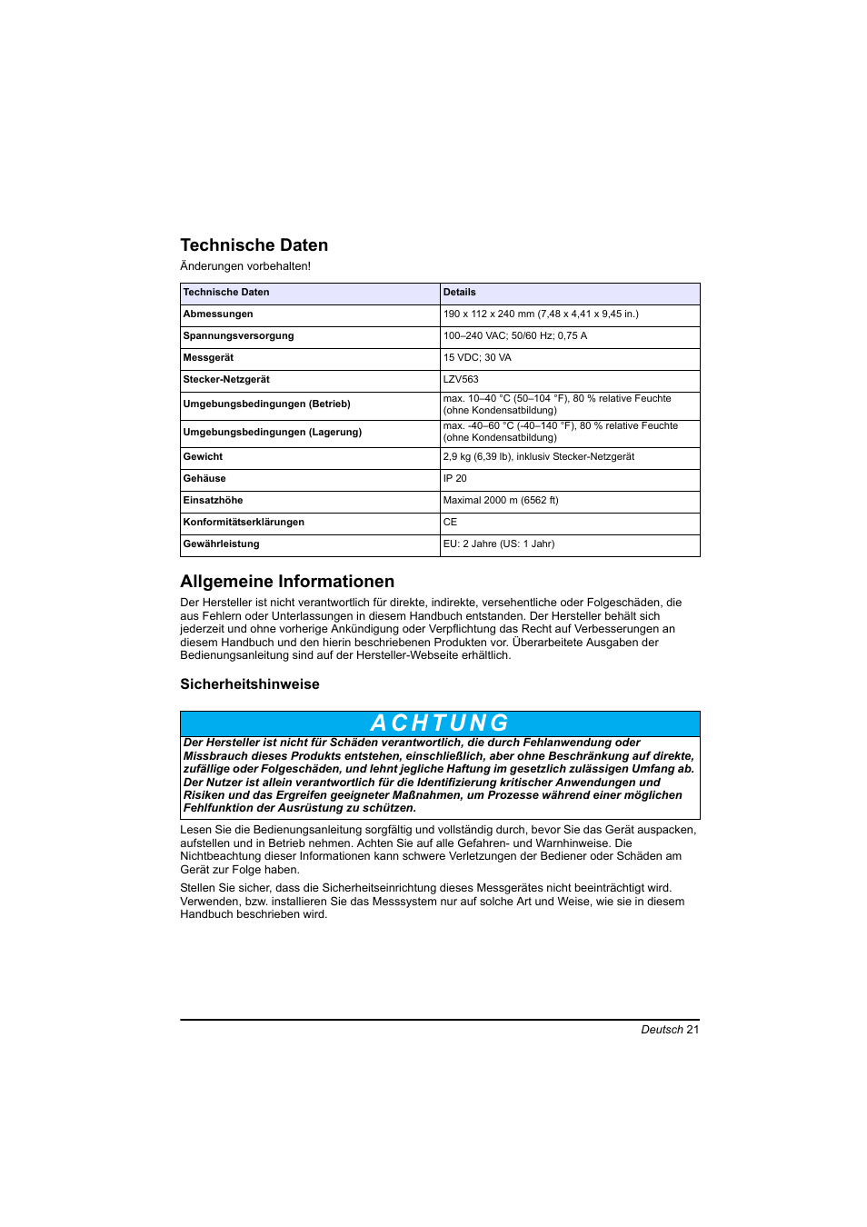 Deutsch, Technische daten, Allgemeine informationen | Hach-Lange TOC-X5 shaker User Manual | Page 21 / 117