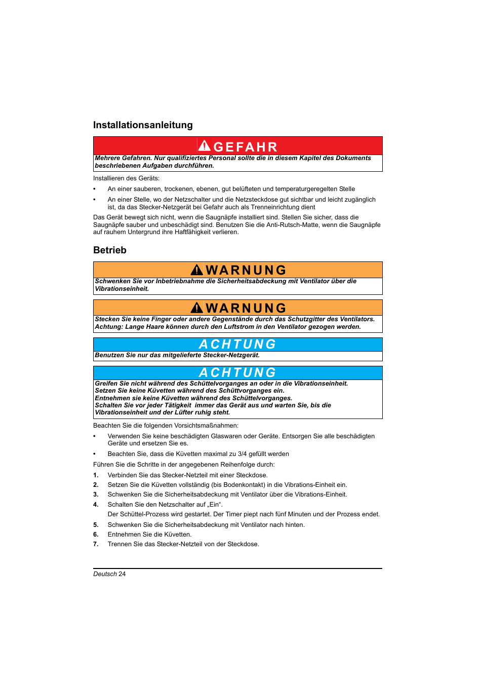 Installationsanleitung, Betrieb, G e fa h r | Hach-Lange TOC-X5 shaker User Manual | Page 24 / 117