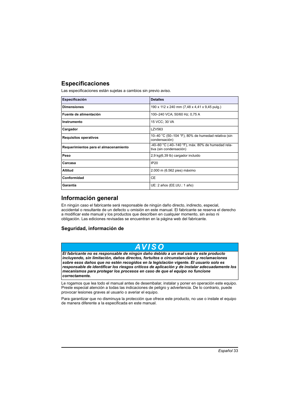 Español, Especificaciones, Información general | Av i s o | Hach-Lange TOC-X5 shaker User Manual | Page 33 / 117