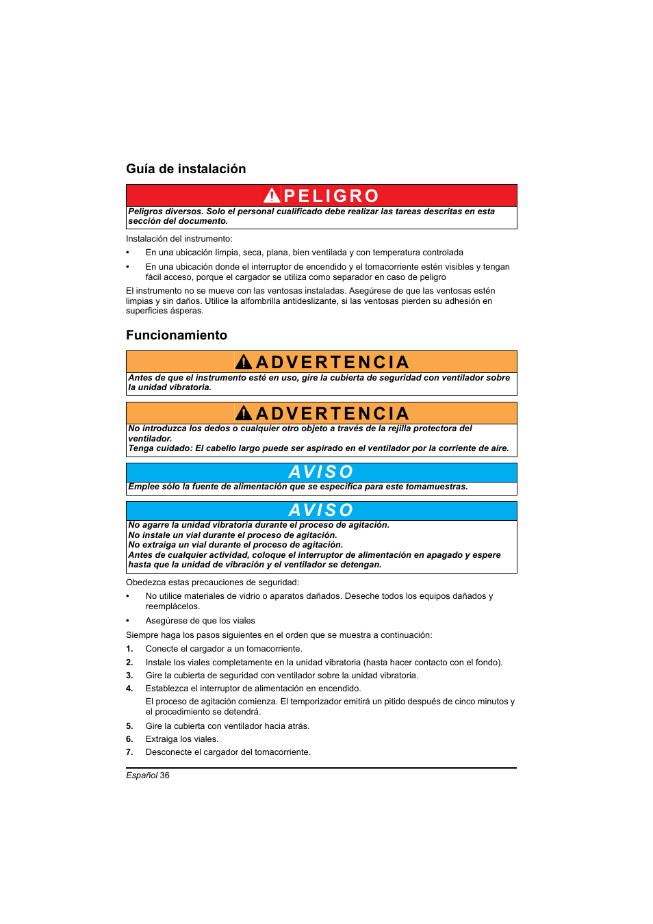 Guía de instalación, Funcionamiento, Av i s o | Hach-Lange TOC-X5 shaker User Manual | Page 36 / 117