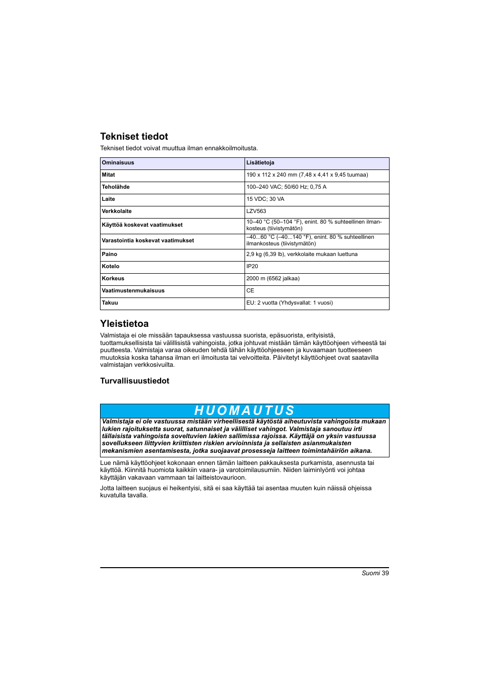 Suomi, Tekniset tiedot, Yleistietoa | Hach-Lange TOC-X5 shaker User Manual | Page 39 / 117