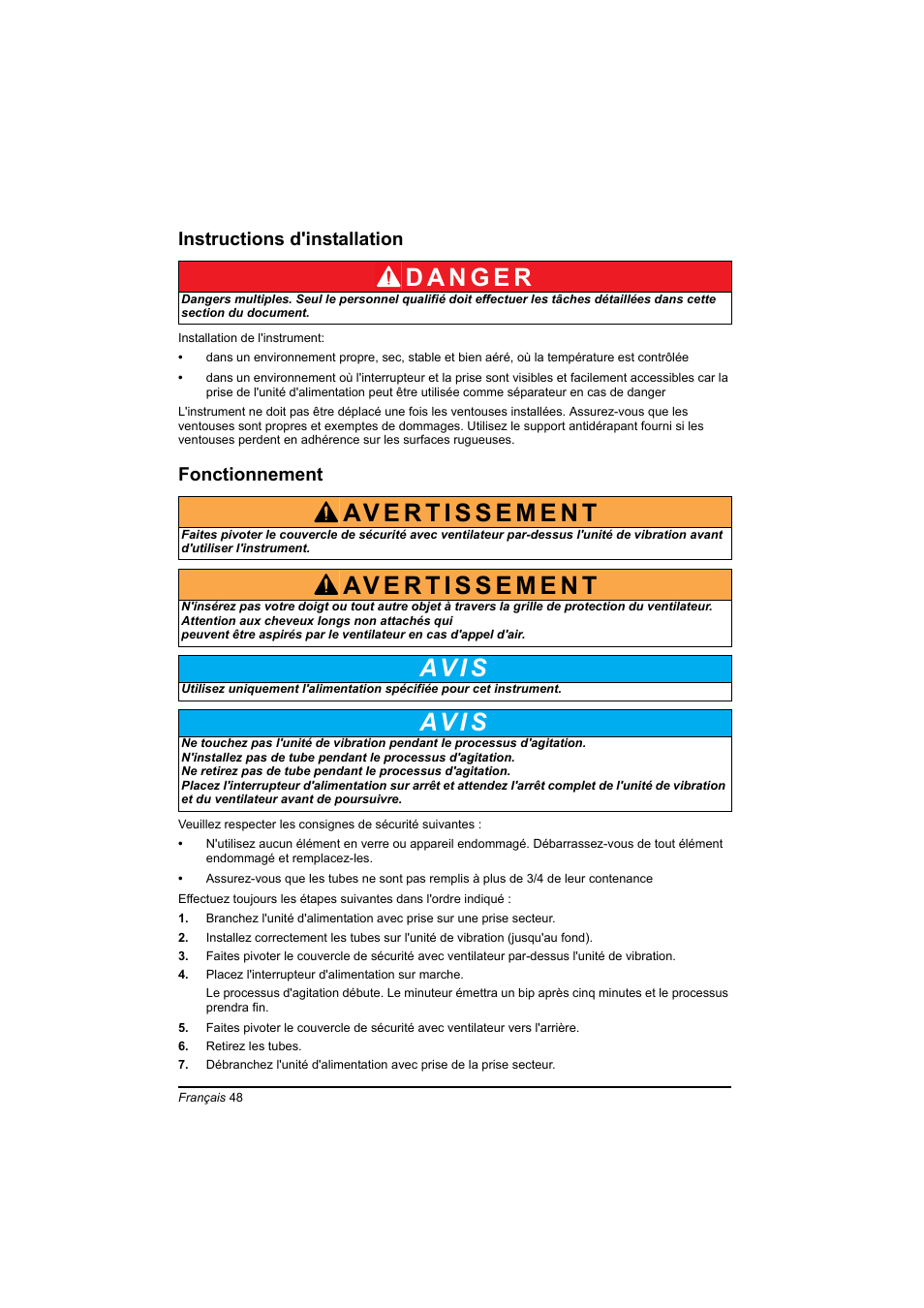 Instructions d'installation, Fonctionnement, Av i s | Hach-Lange TOC-X5 shaker User Manual | Page 48 / 117