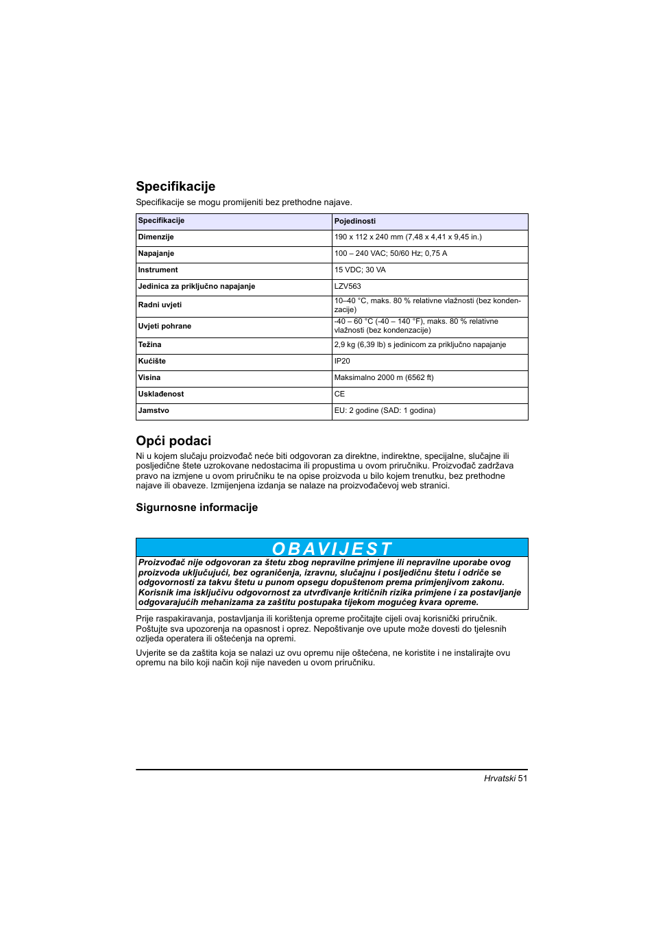 Hrvatski, Specifikacije, Opći podaci | Hach-Lange TOC-X5 shaker User Manual | Page 51 / 117