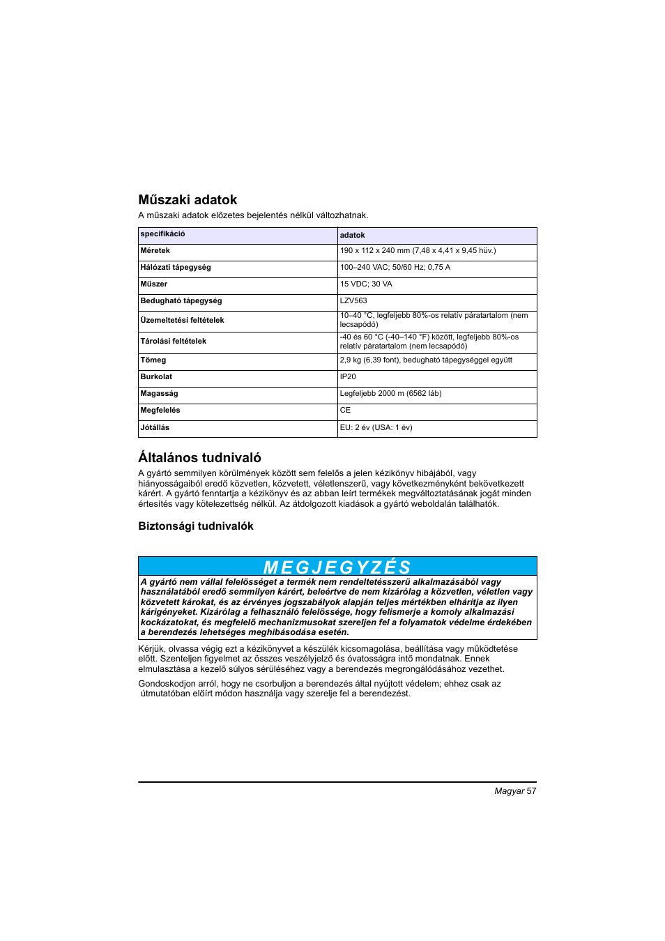 Magyar, Műszaki adatok, Általános tudnivaló | Hach-Lange TOC-X5 shaker User Manual | Page 57 / 117