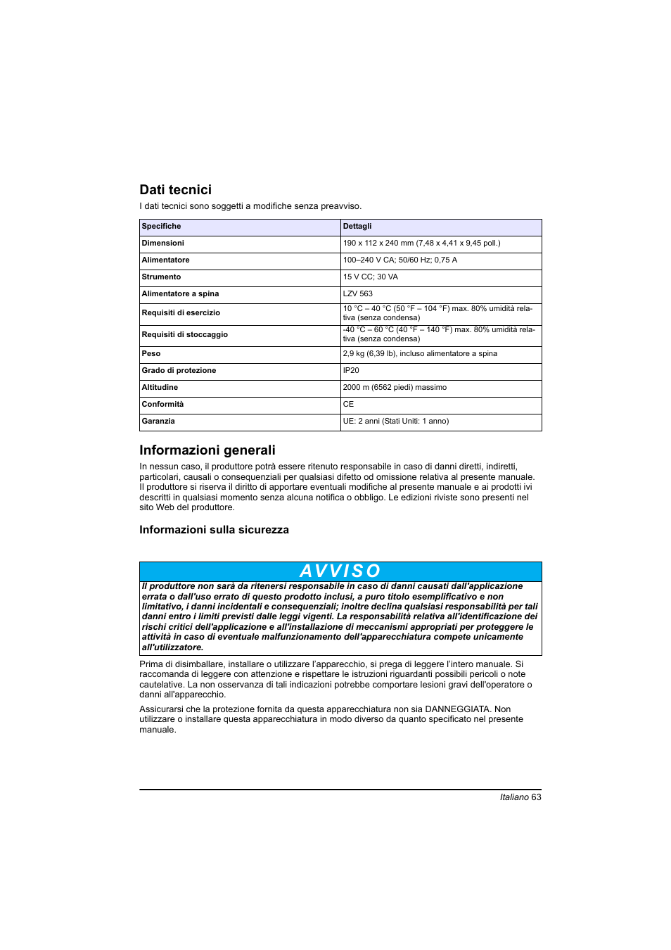 Italiano, Dati tecnici, Informazioni generali | Hach-Lange TOC-X5 shaker User Manual | Page 63 / 117