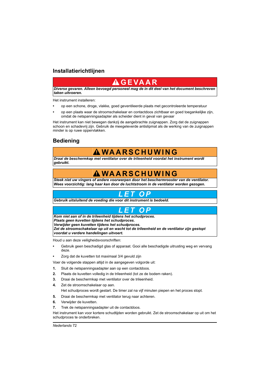 Installatierichtlijnen, Bediening, G e va a r | Hach-Lange TOC-X5 shaker User Manual | Page 72 / 117