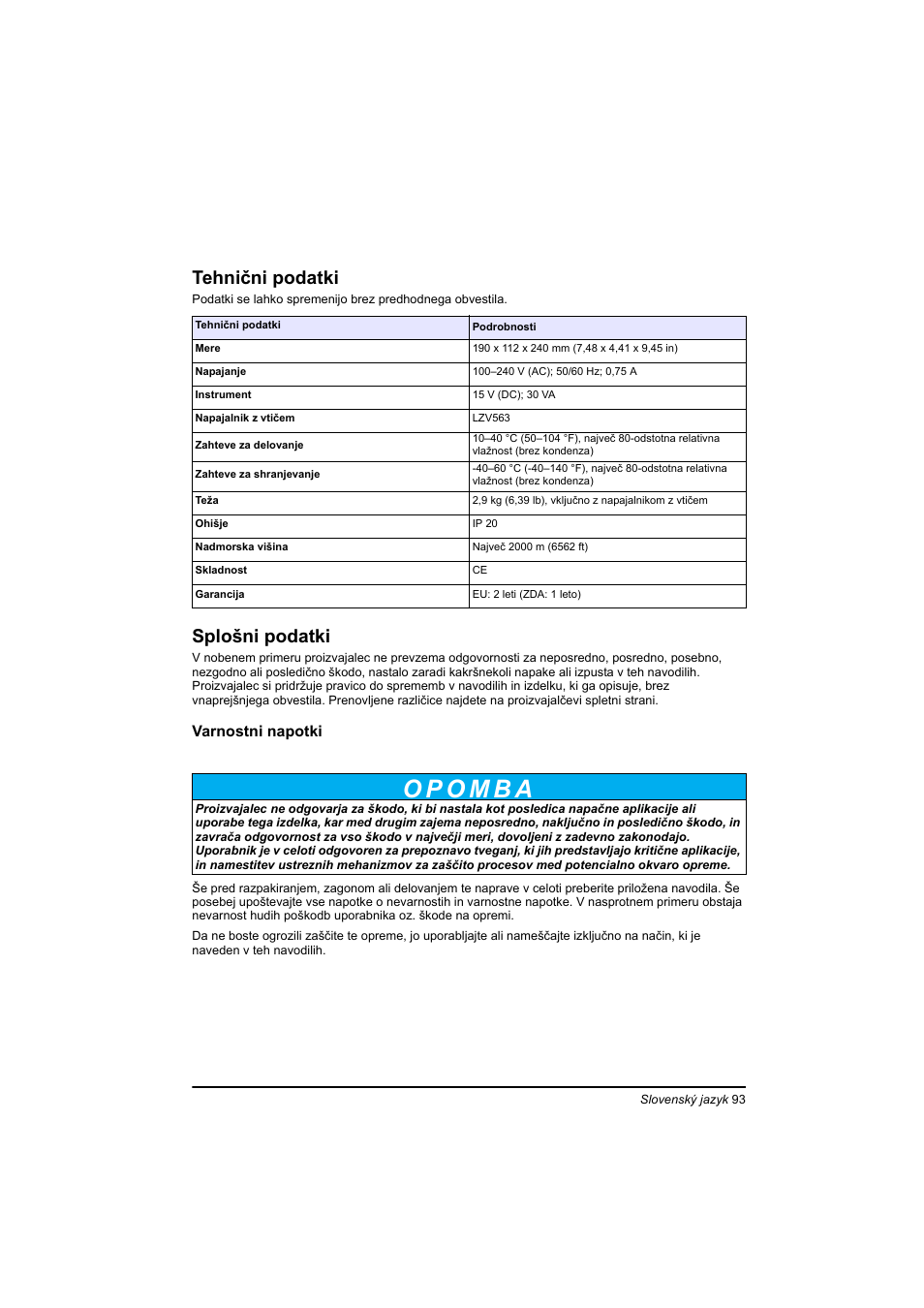 Slovenský jazyk, Tehnični podatki, Splošni podatki | Hach-Lange TOC-X5 shaker User Manual | Page 93 / 117