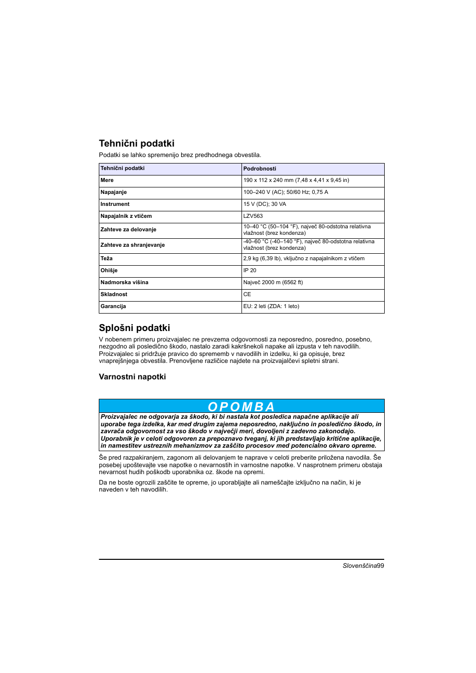 Slovenščina, Tehnični podatki, Splošni podatki | Slovenš, Slovenš č ina tehnični podatki | Hach-Lange TOC-X5 shaker User Manual | Page 99 / 117