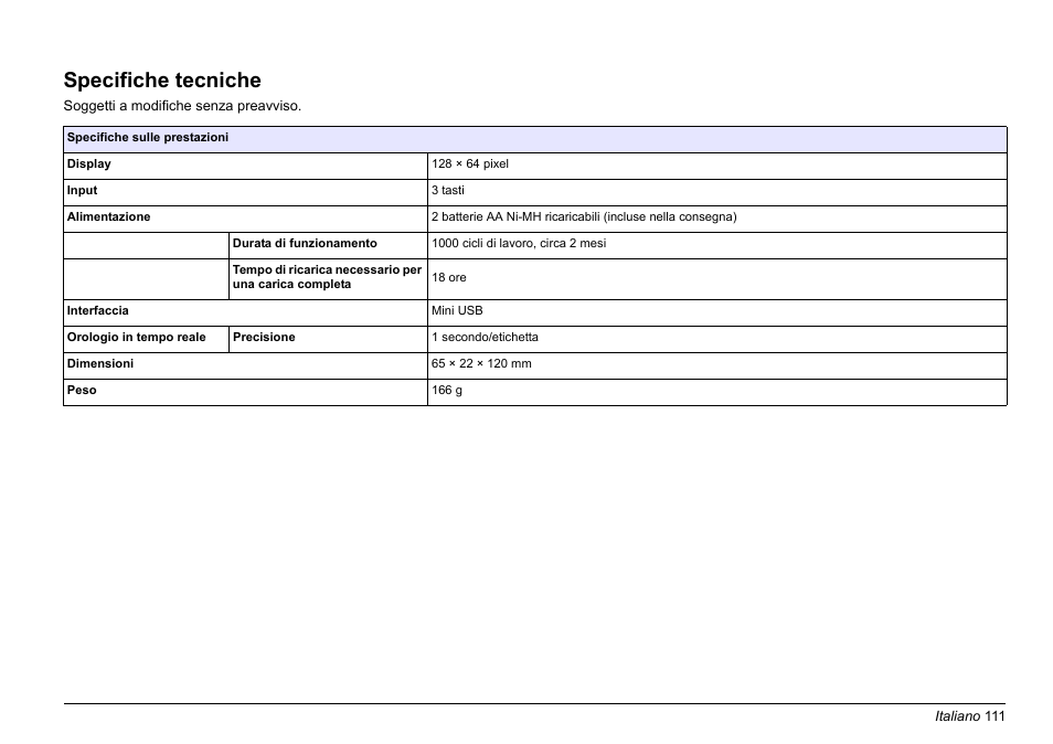 Italiano, Specifiche tecniche | Hach-Lange LOC 100 User Manual | Page 111 / 231