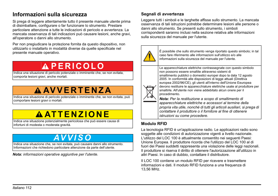 Informazioni sulla sicurezza | Hach-Lange LOC 100 User Manual | Page 112 / 231