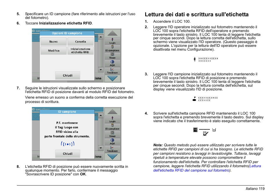 Lettura dei dati e scrittura sull'etichetta | Hach-Lange LOC 100 User Manual | Page 119 / 231