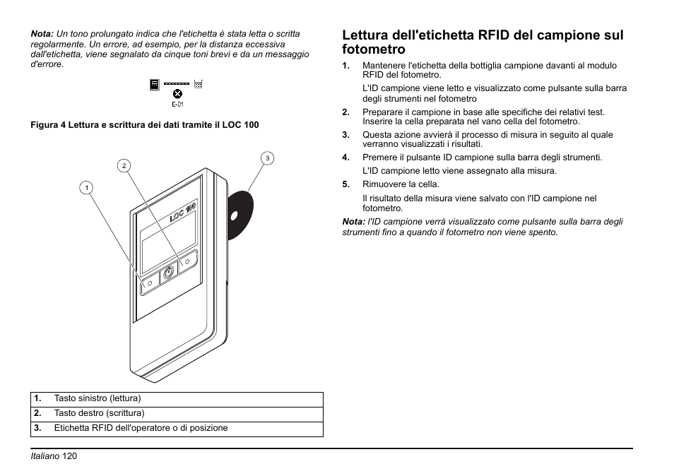 Lettura, Dell'etichetta rfid del campione sul fotometro | Hach-Lange LOC 100 User Manual | Page 120 / 231