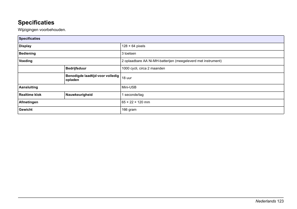 Nederlands, Specificaties | Hach-Lange LOC 100 User Manual | Page 123 / 231