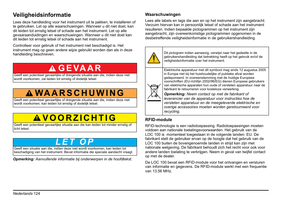 Veiligheidsinformatie, G e va a r | Hach-Lange LOC 100 User Manual | Page 124 / 231