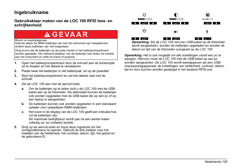 Ingebruikname, G e va a r | Hach-Lange LOC 100 User Manual | Page 129 / 231