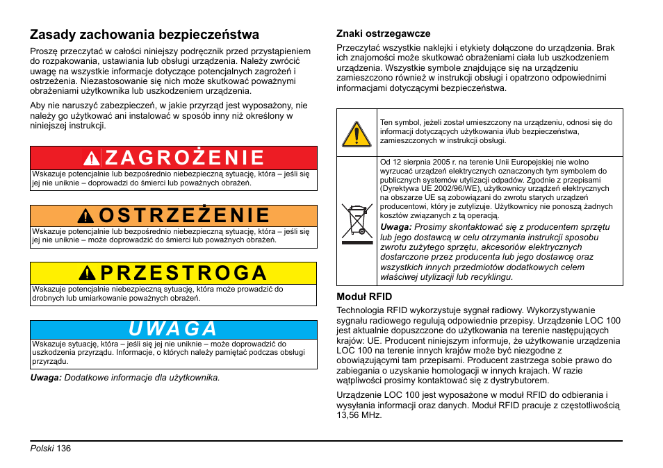 Zasady zachowania bezpieczeństwa, U wa g a | Hach-Lange LOC 100 User Manual | Page 136 / 231