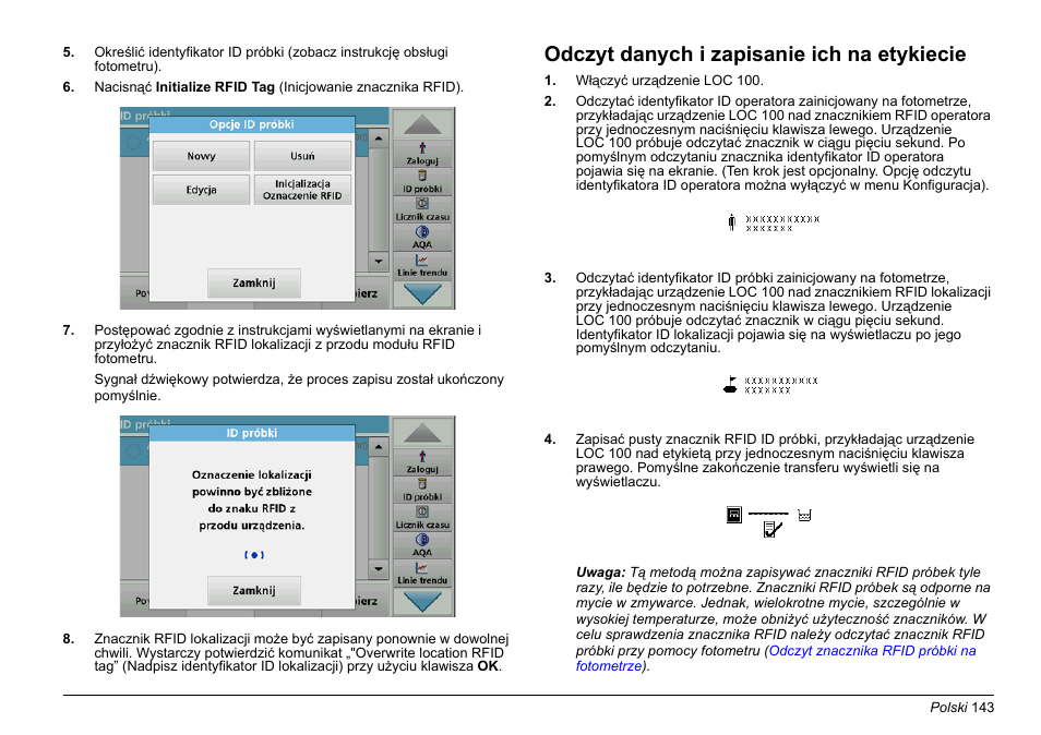 Odczyt danych i zapisanie ich na etykiecie | Hach-Lange LOC 100 User Manual | Page 143 / 231
