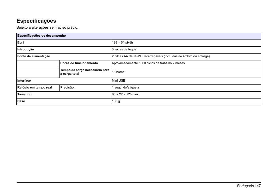 Português, Especificações | Hach-Lange LOC 100 User Manual | Page 147 / 231