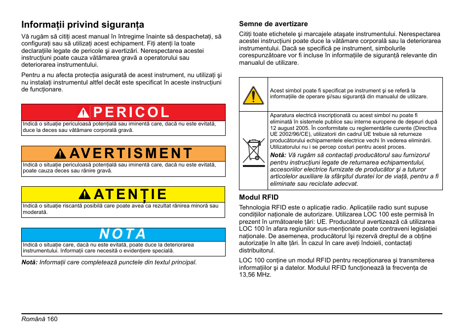 Informaţii privind siguranţa, N o t ă | Hach-Lange LOC 100 User Manual | Page 160 / 231